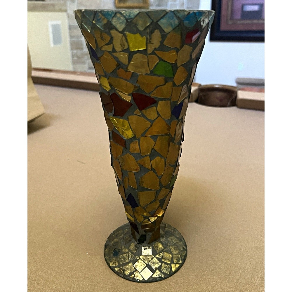 Mosaic Glass Footed Trumpet Vase Gold Blue Multicolor Decorative Freestanding - Picture 1 of 4